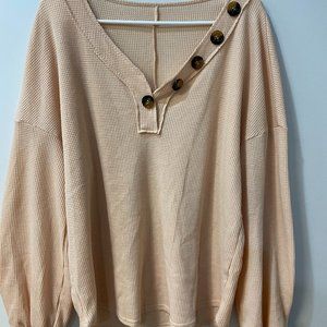Oversized Women's Waffle Knit Shirt, V-neck, Long Sleeve (Previously Worn)